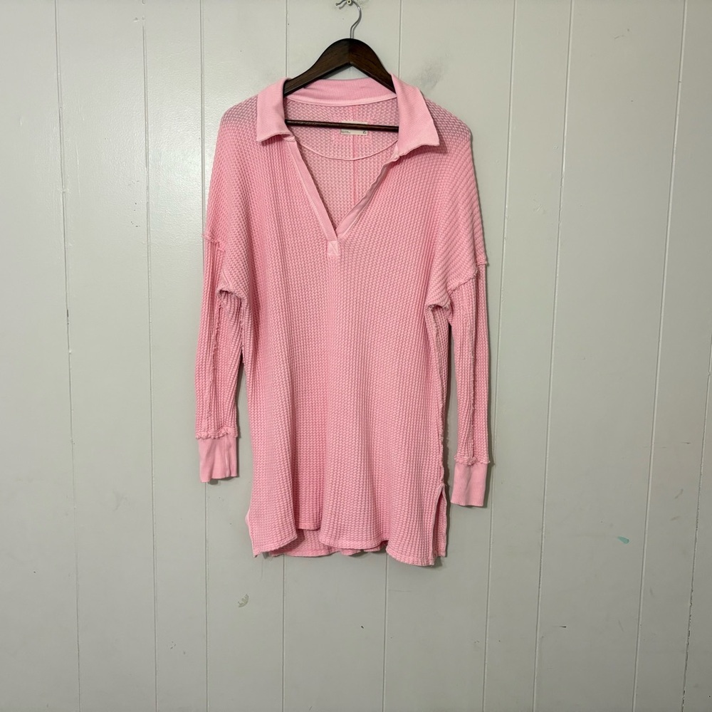 Free People We The Free Travis Waffle Knit Polo Top Pink XS Long Sleeve